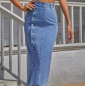 Women's High Waisted Washed Button Denim Long Skirt Side Split